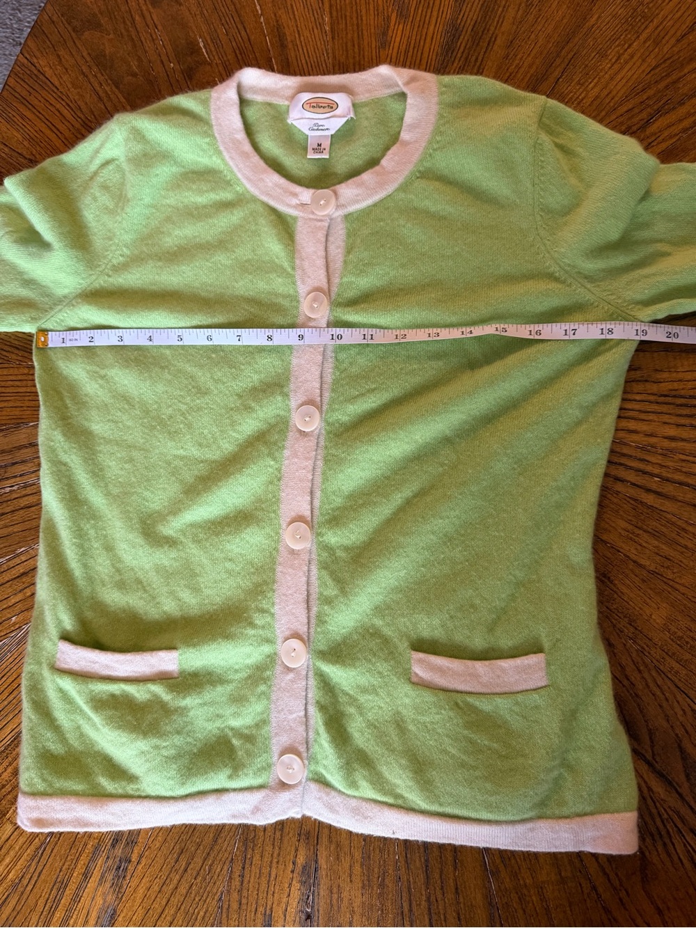Talbots Pure Cashmere Mint Green Cardigan with Cream Trim - Picture 7 of 9